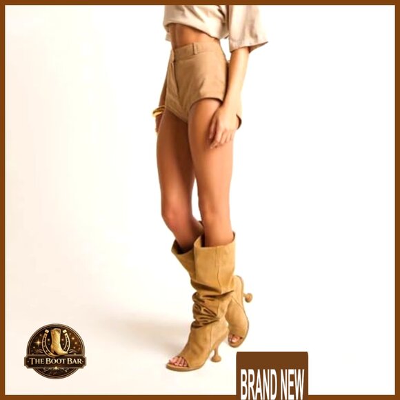 Kitten Heel Knee High Boots Open Peep Toe Wide Calf Slouchy Fashion Boots - Picture 3 of 6